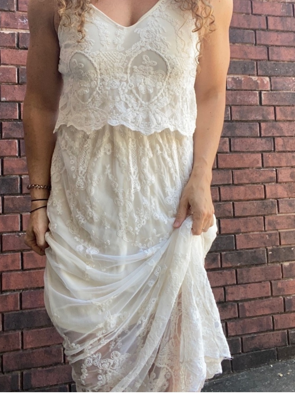 Miami off white Lace Maxi Dress Sheer Overlay Boho Medium